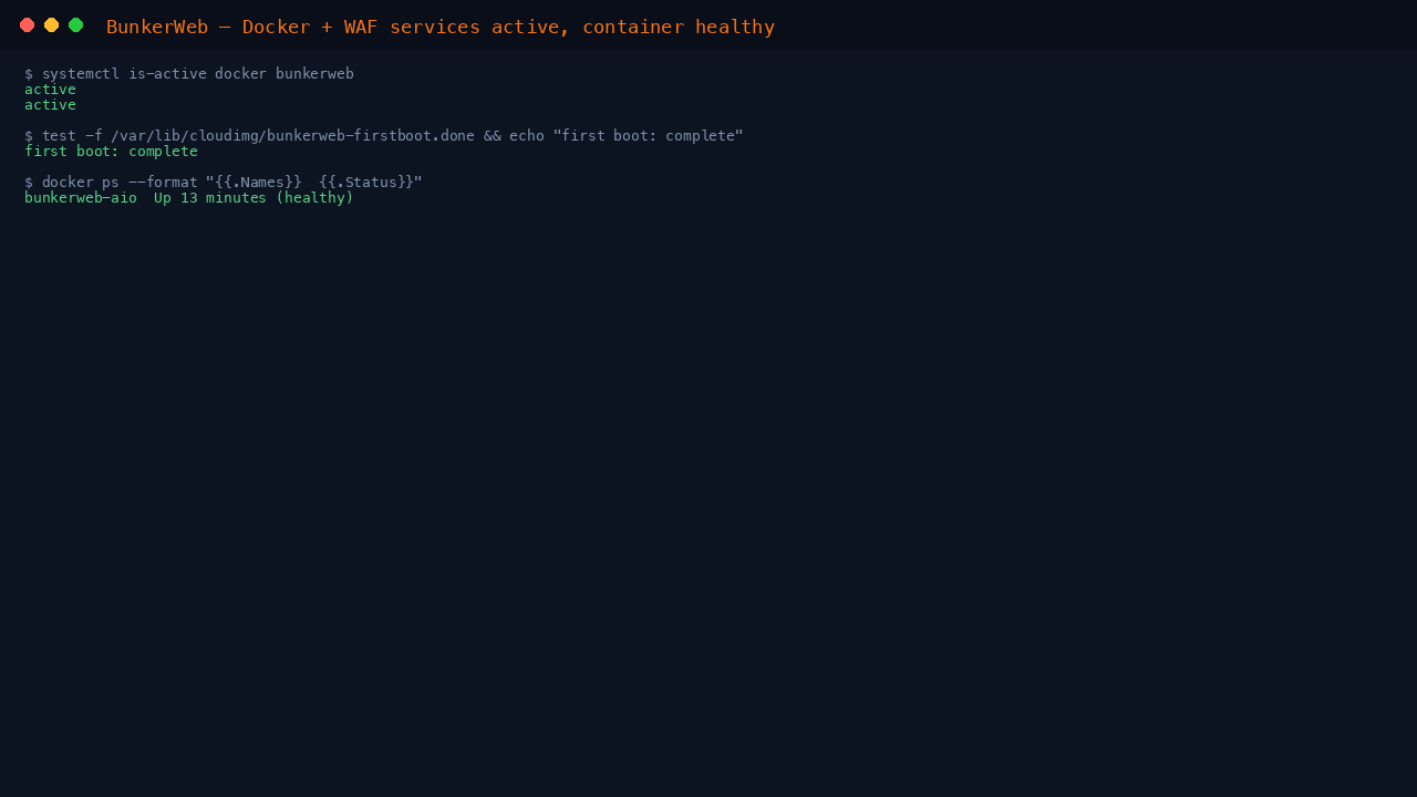 Docker and BunkerWeb services active and the All-In-One container healthy