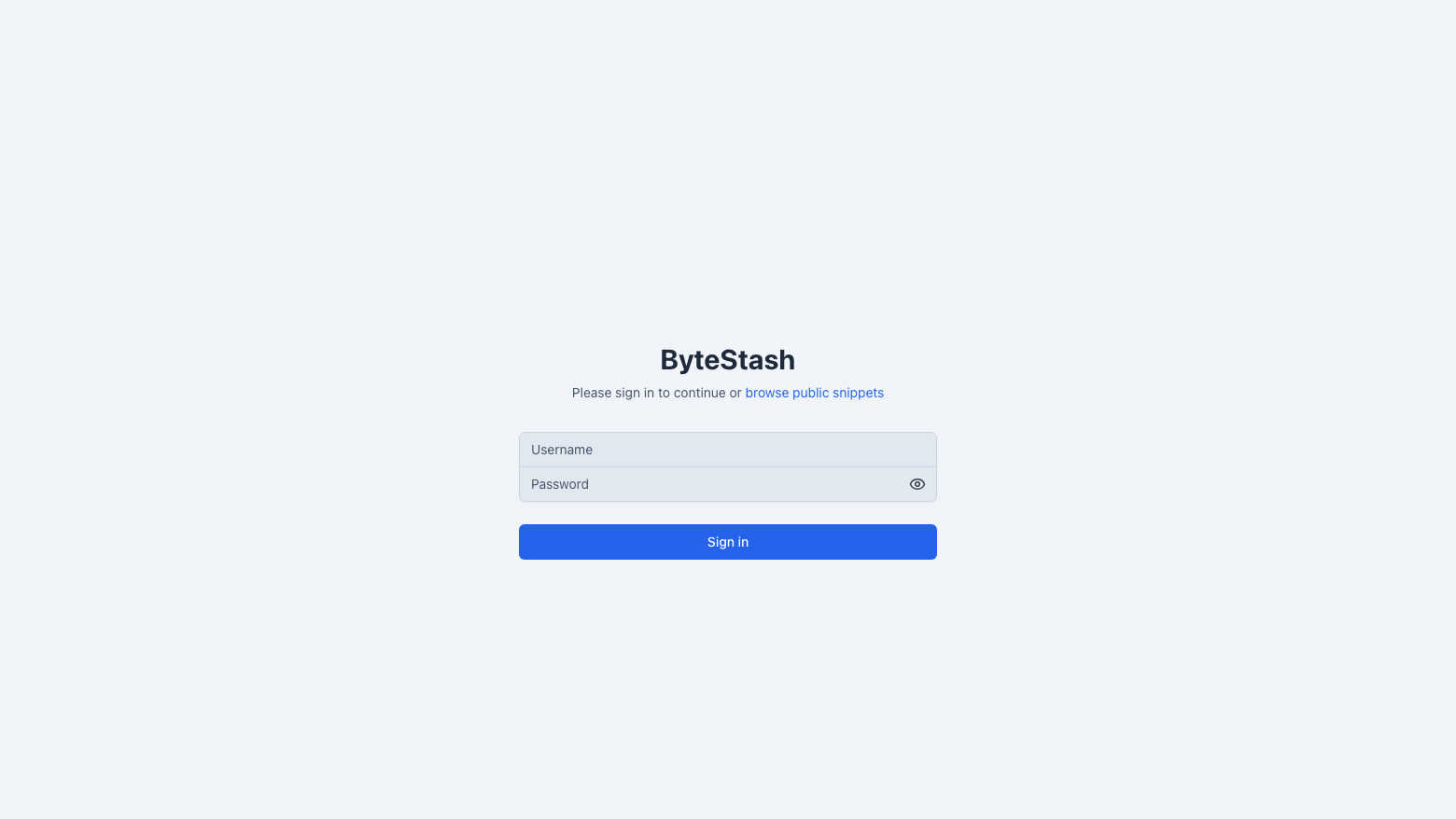 The ByteStash sign-in page with username and password fields, served over HTTPS
