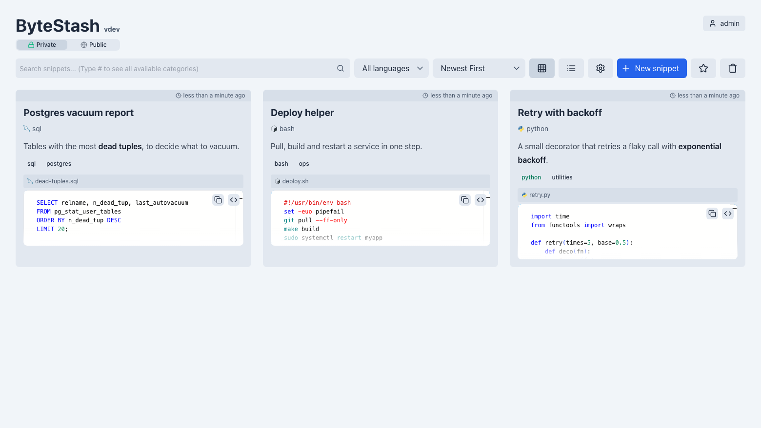 The ByteStash snippet list with search, category filters and three snippet cards showing their languages and categories