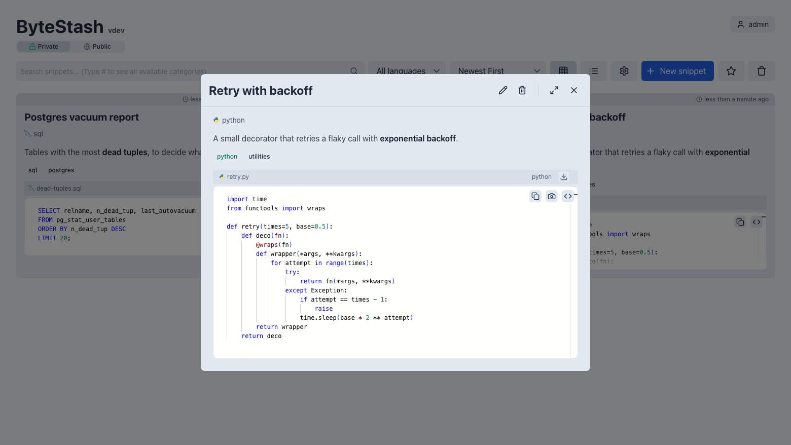 A ByteStash snippet open in the viewer, with its description, categories and a Python file shown with syntax highlighting