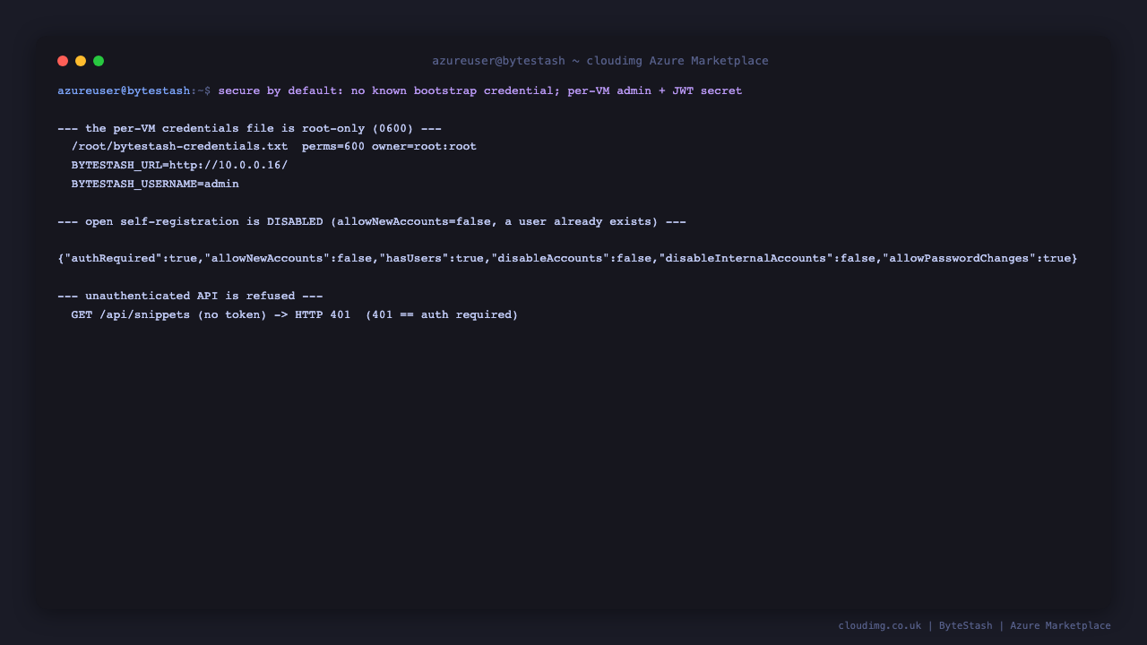 The root only per VM credentials file, the auth config reporting allowNewAccounts false, and an unauthenticated API call refused with HTTP 401