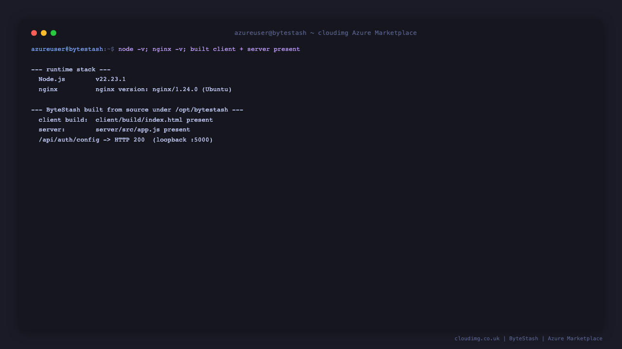 Node.js 22 LTS, nginx 1.24, and the built ByteStash client and server present on disk