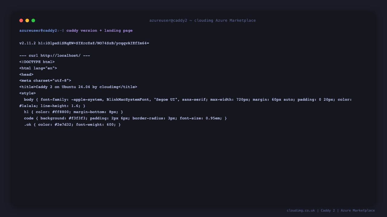 caddy version v2.11.2 with the cloudimg landing page HTML returned by curl http://localhost/