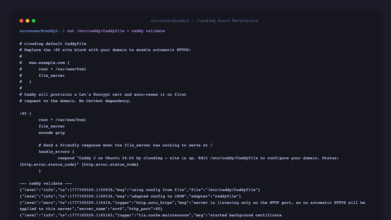 Default /etc/caddy/Caddyfile content showing the :80 site block, with caddy validate confirming the syntax is valid