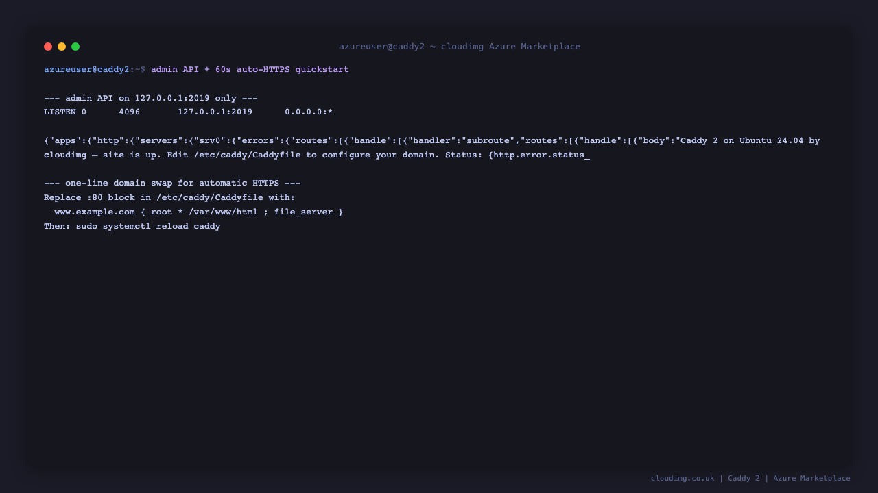 Admin API bound to 127.0.0.1:2019 only with a sample of the JSON config returned by curl http://127.0.0.1:2019/config/