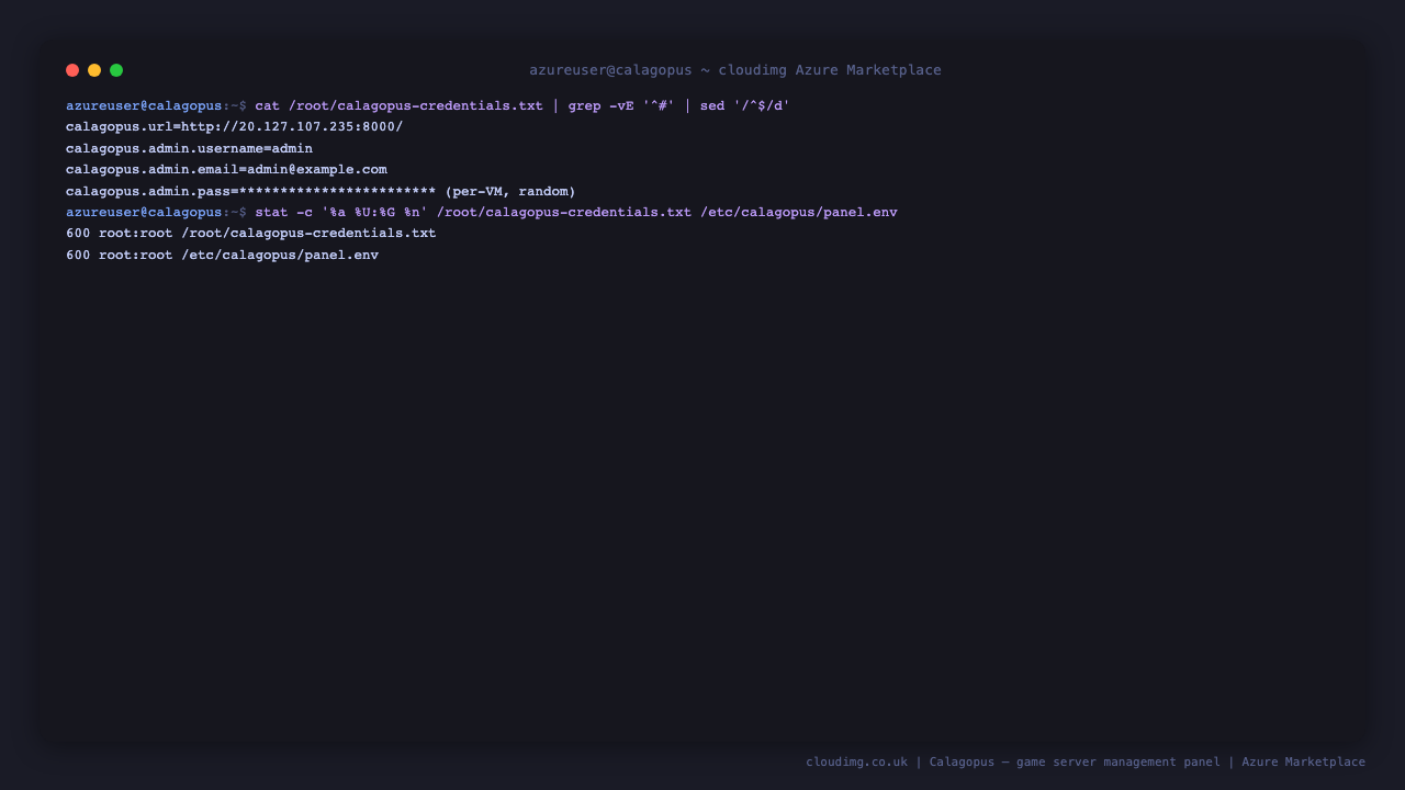 Per-VM Calagopus credentials and file permissions