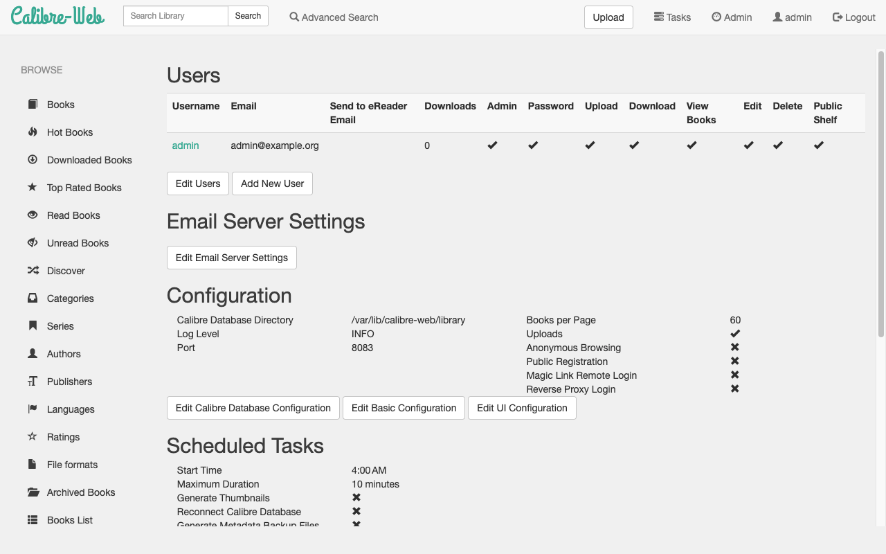 Calibre-Web administration page