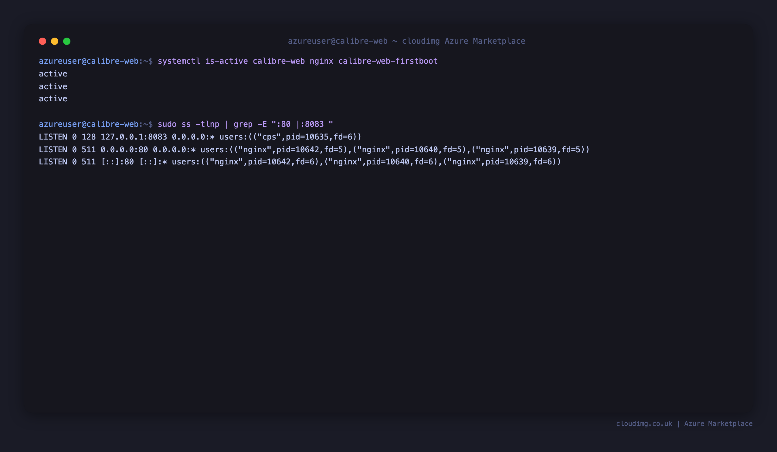 The calibre-web, nginx and calibre-web-firstboot services active, with nginx on port 80 and the Calibre-Web server bound to loopback 127.0.0.1:8083