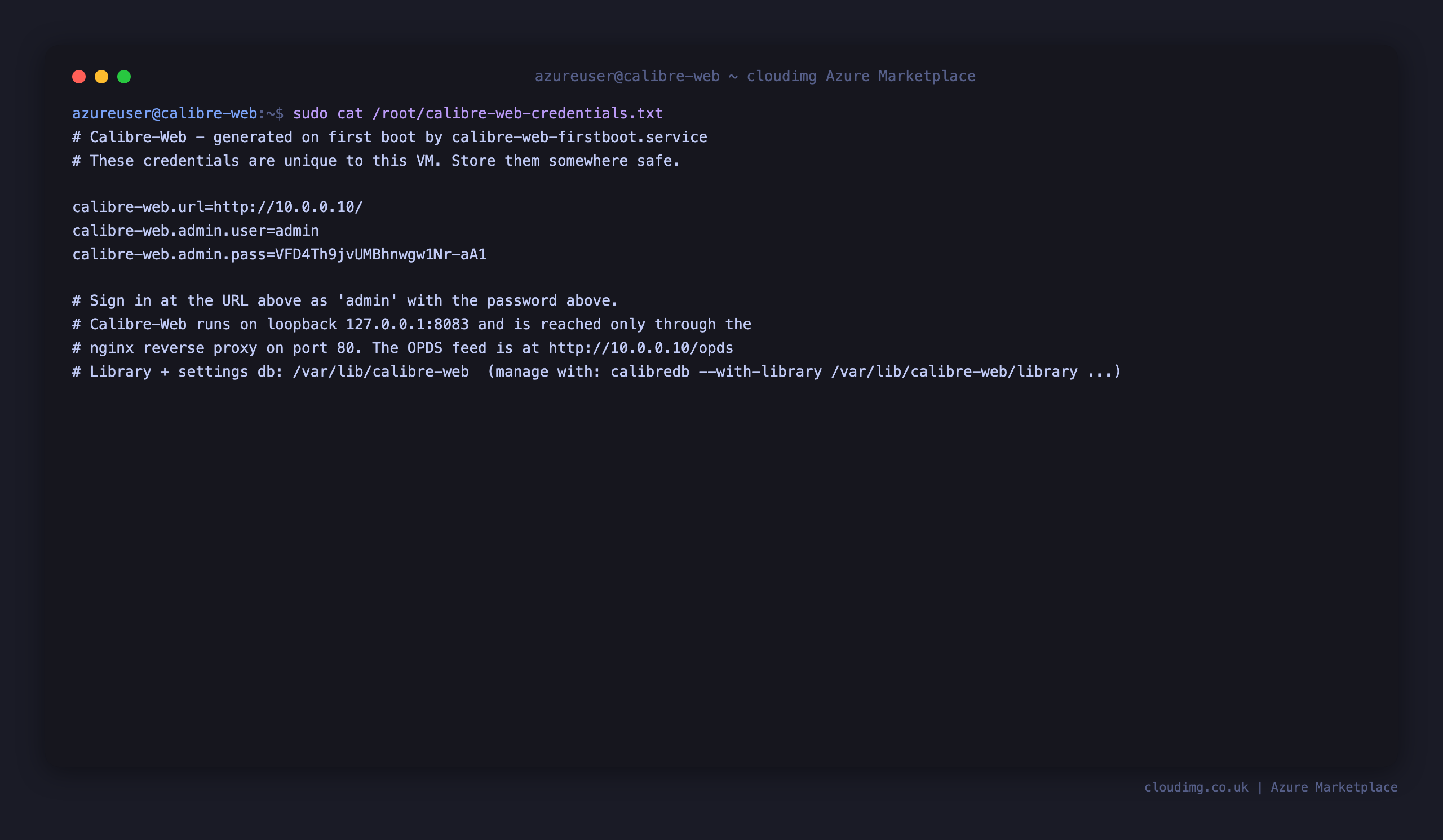 The per VM Calibre-Web credentials file, showing the admin user, the generated password and the site URL