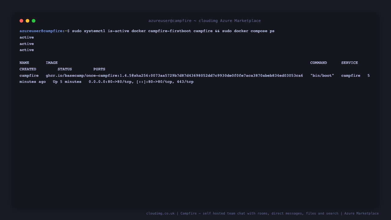 The docker, campfire-firstboot and campfire services all reporting active, and the campfire container running from the digest pinned image with port 80 published