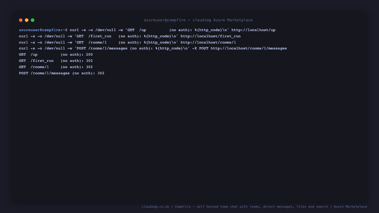 curl output showing the health endpoint returning 200 while the first run wizard, the room and the message endpoint all return 302 to sign in for an anonymous visitor