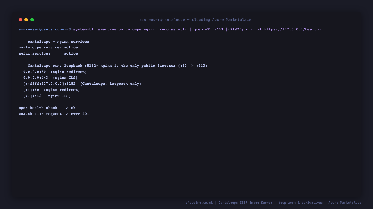 Terminal showing the cantaloupe and nginx services active, Cantaloupe bound to loopback 8182 with nginx fronting port 443, and the health endpoint returning ok