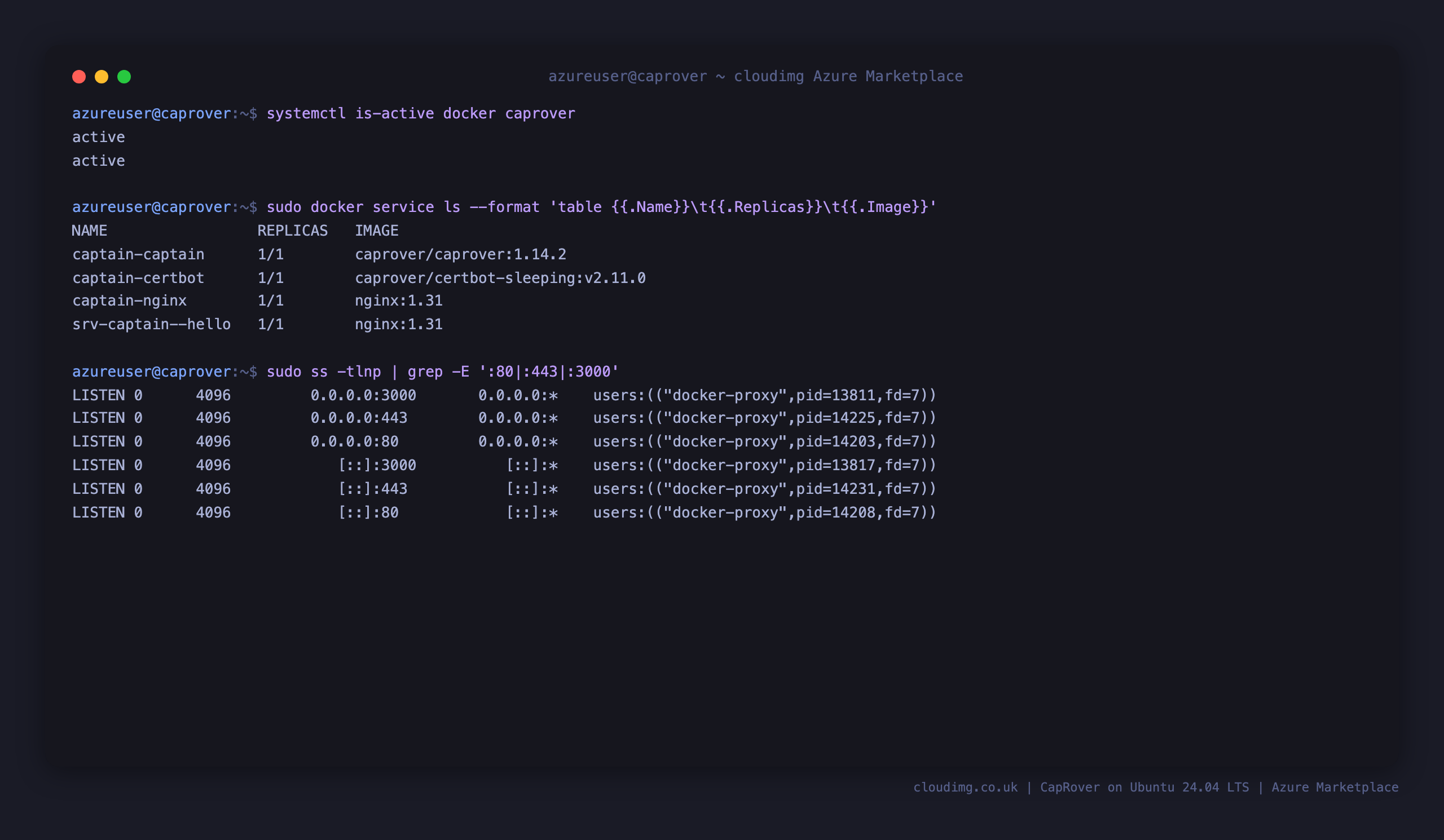 docker and caprover services reporting active, the captain-captain, captain-nginx and captain-certbot swarm services each running 1 of 1 replicas, and the host listening on ports 80, 443 and 3000