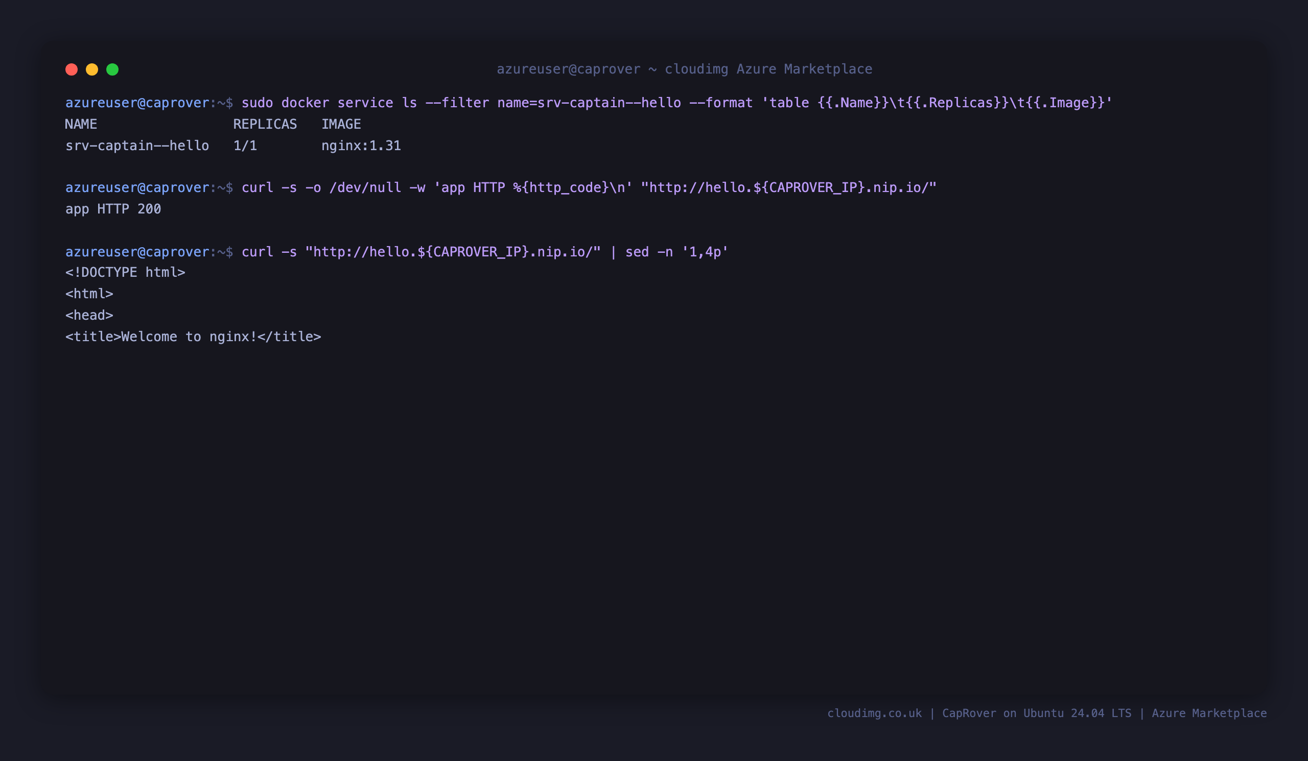 The deployed hello application running as the srv-captain--hello swarm service and answering HTTP 200 with its page content through CapRover's nginx reverse proxy