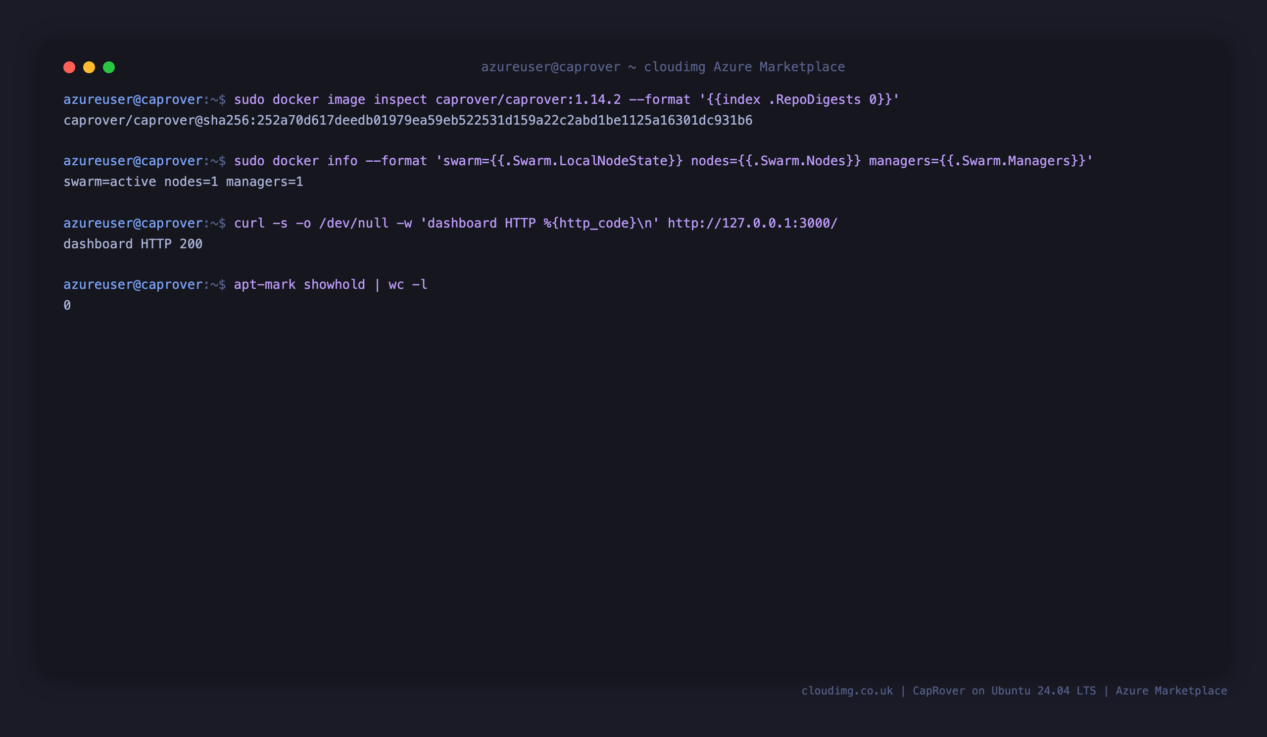 The pinned CapRover image digest, an active single node swarm with one manager, the dashboard returning HTTP 200, and no held packages in the OS patch baseline