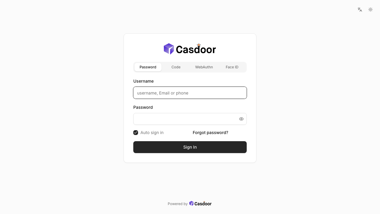 The Casdoor sign-in page with the Password, Code, WebAuthn and Face ID tabs, the Username and Password fields and the Sign In button, and no sign-up link