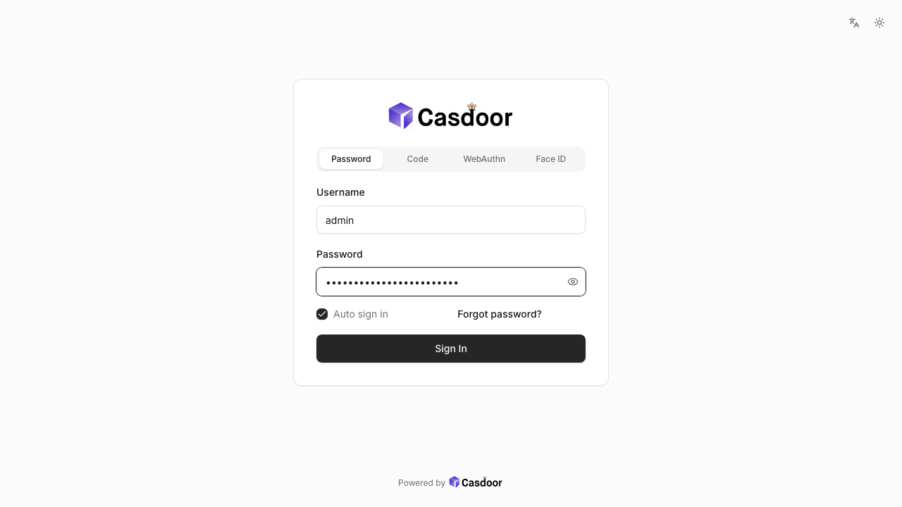 The Casdoor sign-in page with the username admin and a masked password entered