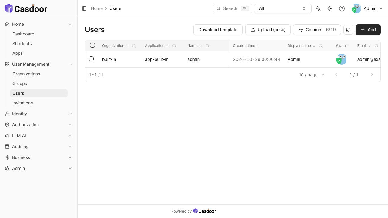 The Casdoor Users page listing a single user, admin, in the built-in organisation and app-built-in application, with Download template, Upload (.xlsx) and Add buttons