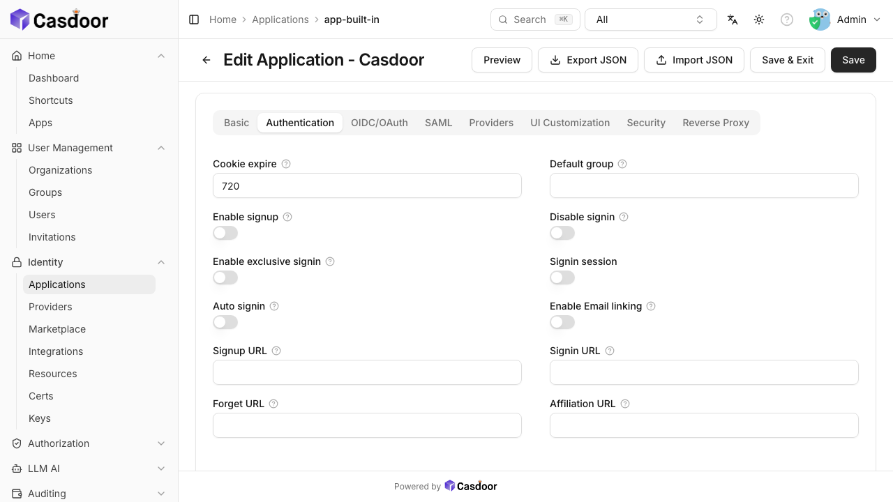 The Authentication tab of the built-in application app-built-in in the Casdoor console, with the Enable signup switch off