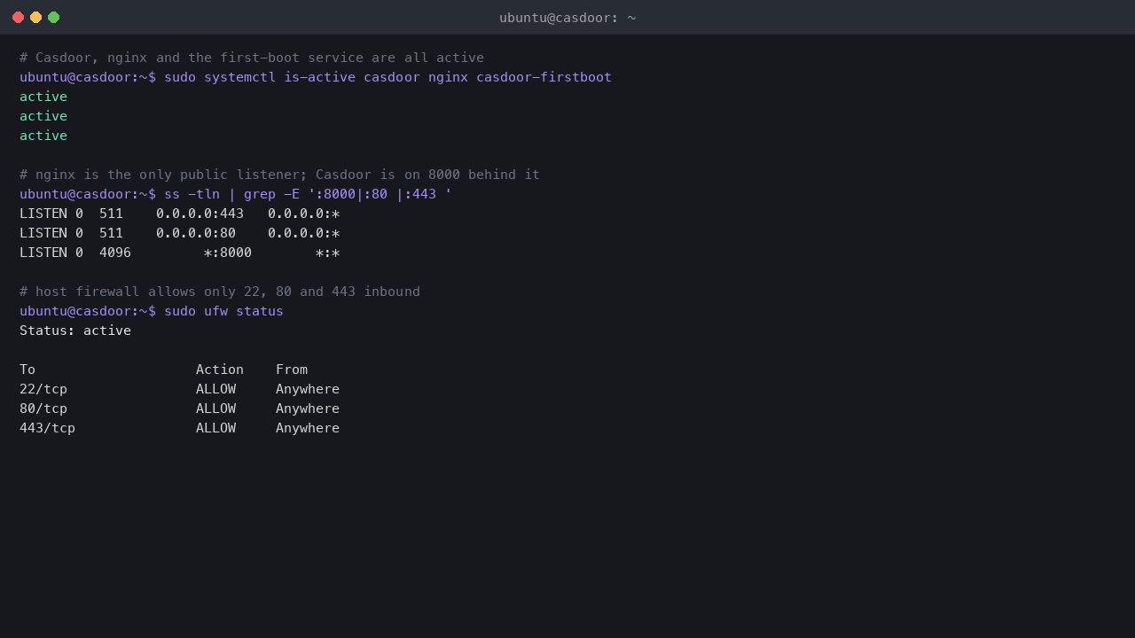 systemctl reports casdoor, nginx and casdoor-firstboot all active, ss shows nginx listening on ports 80 and 443 and Casdoor on port 8000, and ufw status is active allowing only ports 22, 80 and 443 inbound
