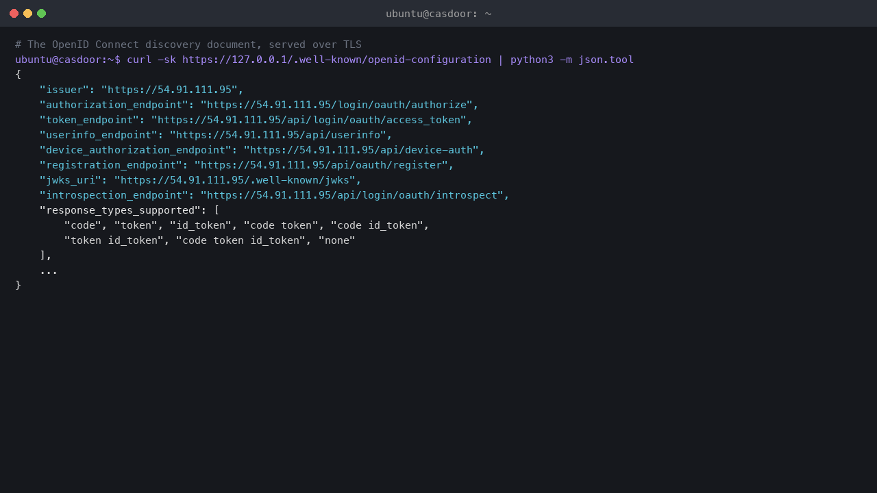 The OpenID Connect discovery document served over TLS, showing an https issuer for this instance plus the authorization, token, userinfo, device authorization, registration, introspection and JWKS endpoints