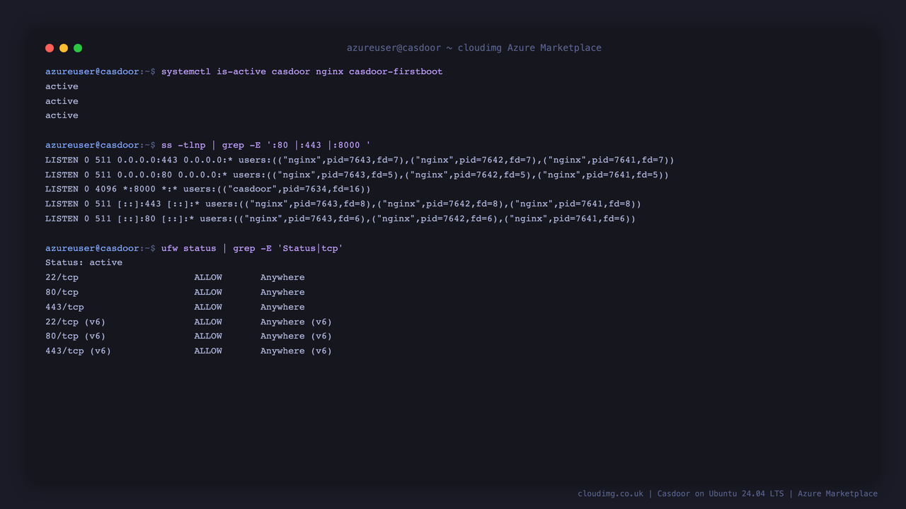 systemctl reports casdoor, nginx and casdoor-firstboot all active, ss shows nginx listening on ports 80 and 443 and Casdoor on port 8000, and ufw status is active allowing only ports 22, 80 and 443 inbound
