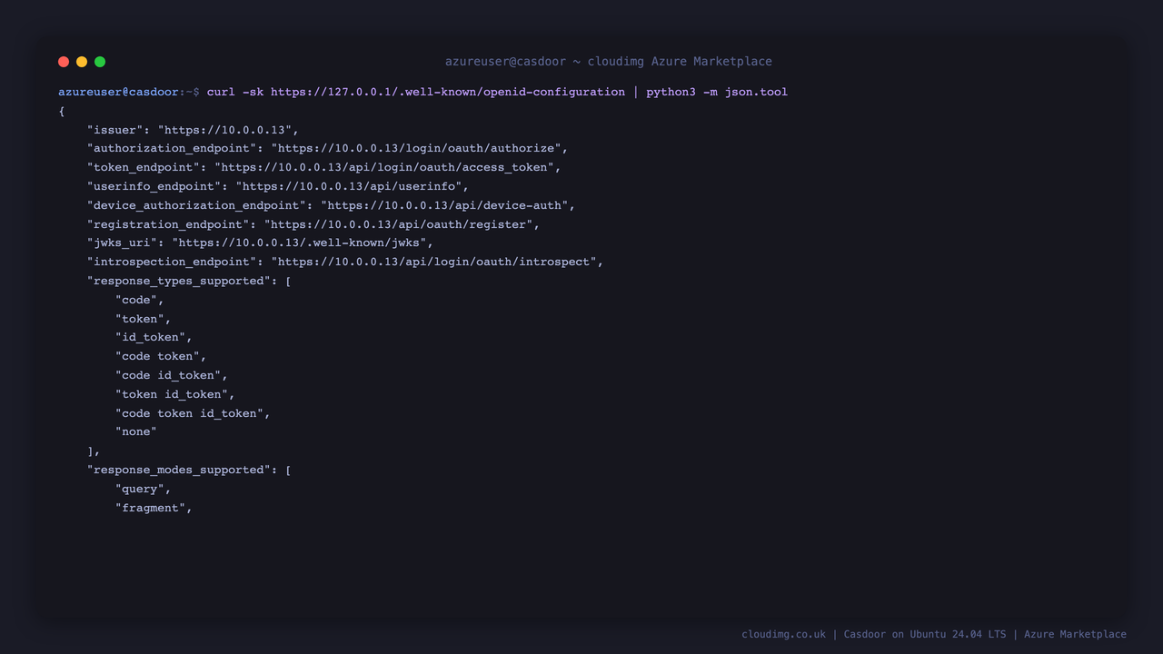 The OpenID Connect discovery document served over TLS, showing an https issuer for this instance plus the authorization, token, userinfo, device authorization, registration, introspection and JWKS endpoints