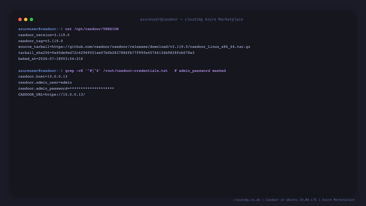 The /opt/casdoor/VERSION file showing the baked Casdoor version, tag, the official source tarball URL and its sha256 checksum, alongside the per VM casdoor-credentials.txt with the host, admin user and the admin password masked