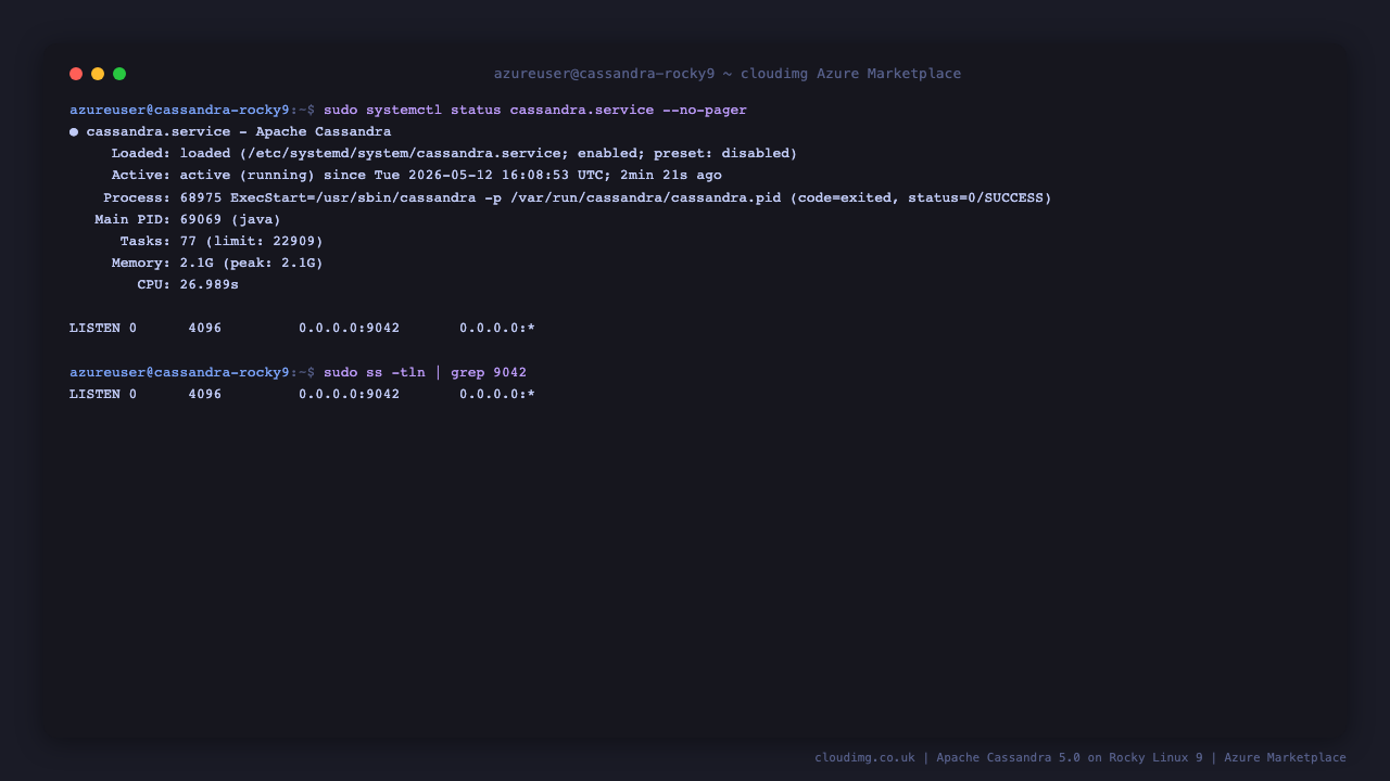 cassandra.service active (running) with TCP 9042 native CQL listener on Rocky 9