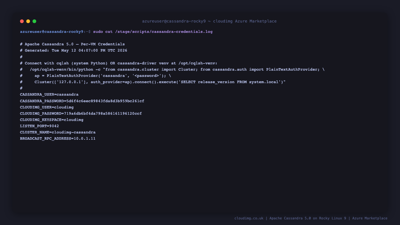 /stage/scripts/cassandra-credentials.log (mode 0600 root) shows per-VM cassandra + cloudimg passwords + broadcast_rpc_address