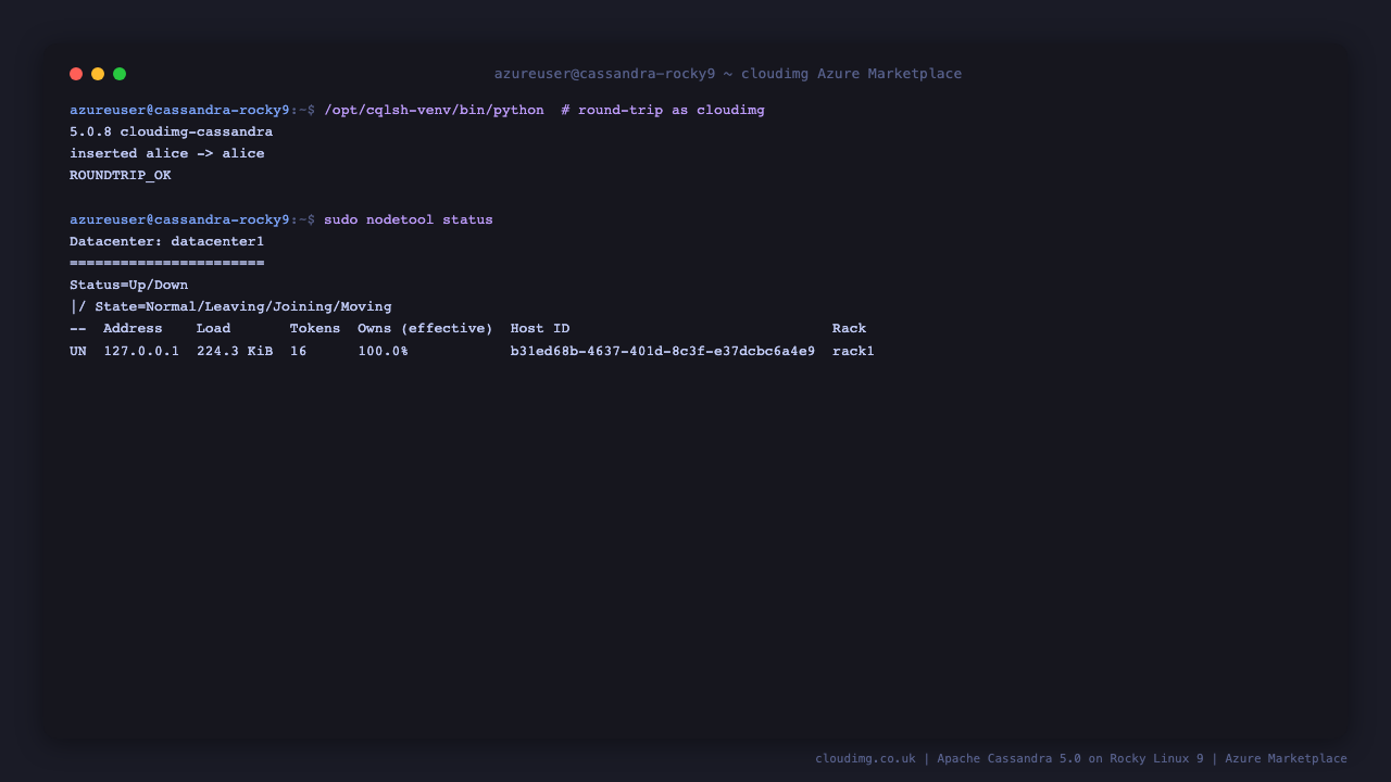 Cassandra release_version 5.0.8 + cloudimg round-trip via cassandra-driver venv (CREATE / INSERT / SELECT / DROP) on the cloudimg keyspace