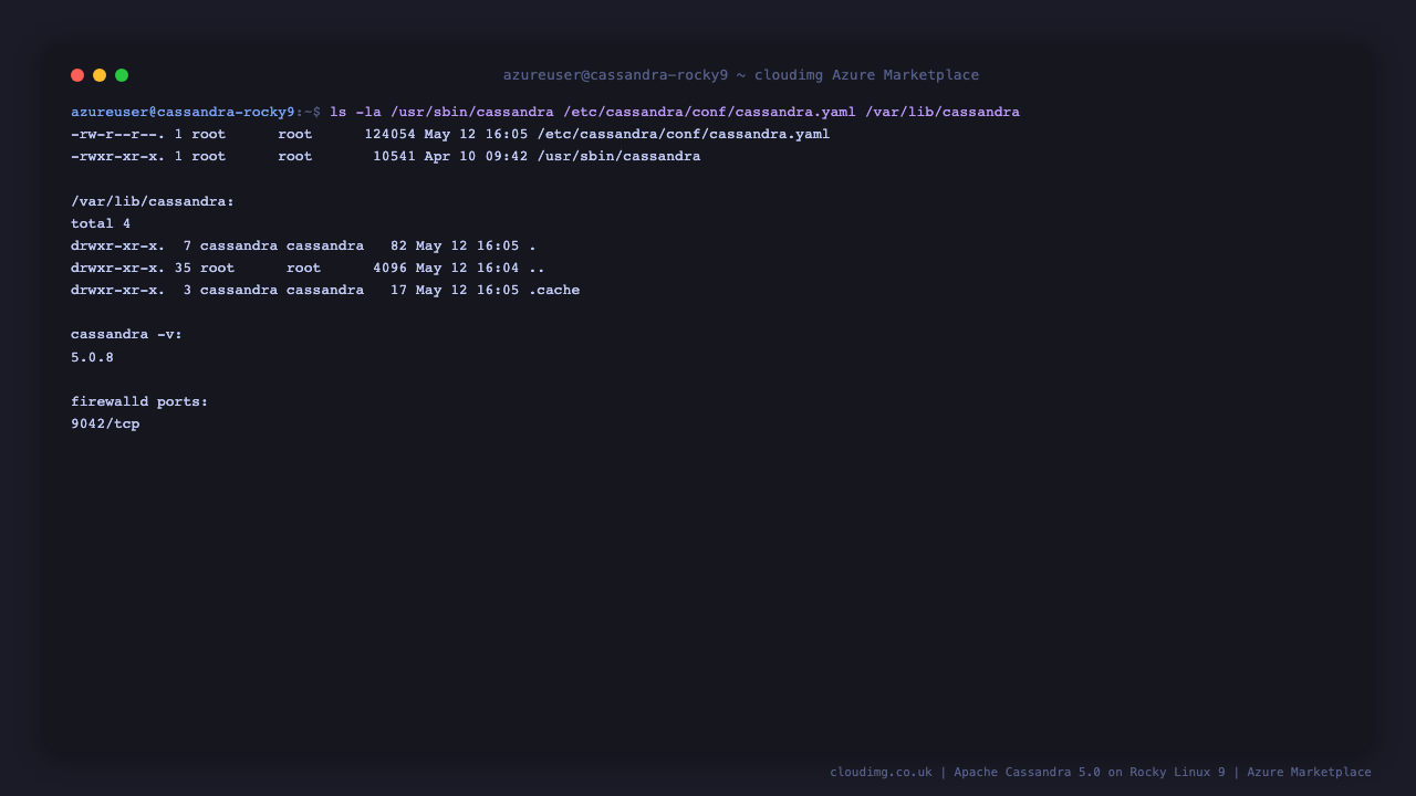 Cassandra components inventory: cassandra binary, cassandra.yaml at /etc/cassandra/conf, /var/lib/cassandra/data, firewalld 9042/tcp open
