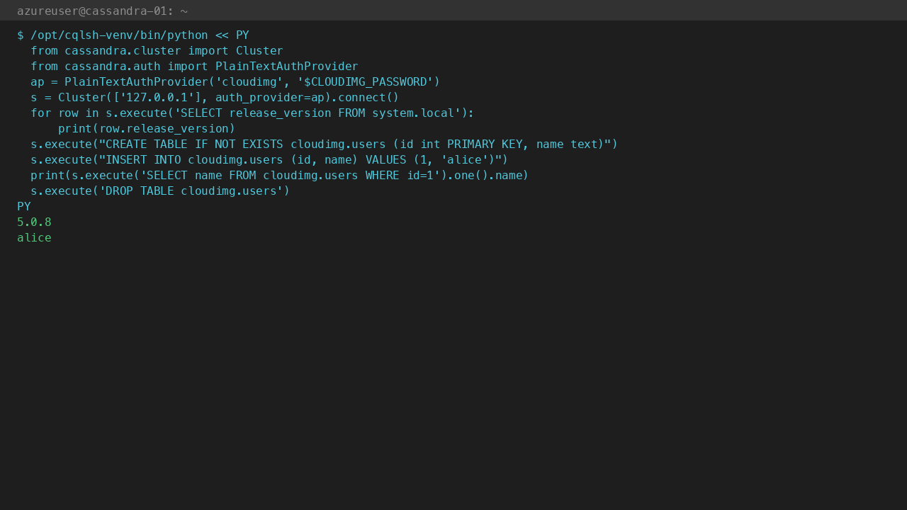 @release_version 5.0.8 + cloudimg-driver round-trip via cassandra-driver venv (CREATE / INSERT / SELECT / DROP) on the cloudimg keyspace