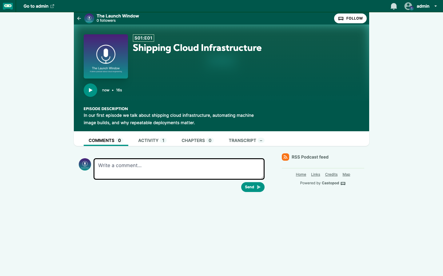A published episode page with the web player