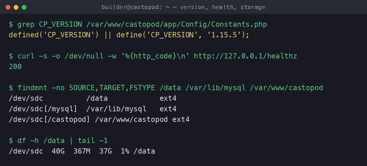 The installed Castopod version 1.15.5, the healthz endpoint returning 200, and the ext4 data disk mounted at /data and bind mounted onto /var/lib/mysql and /var/www/castopod