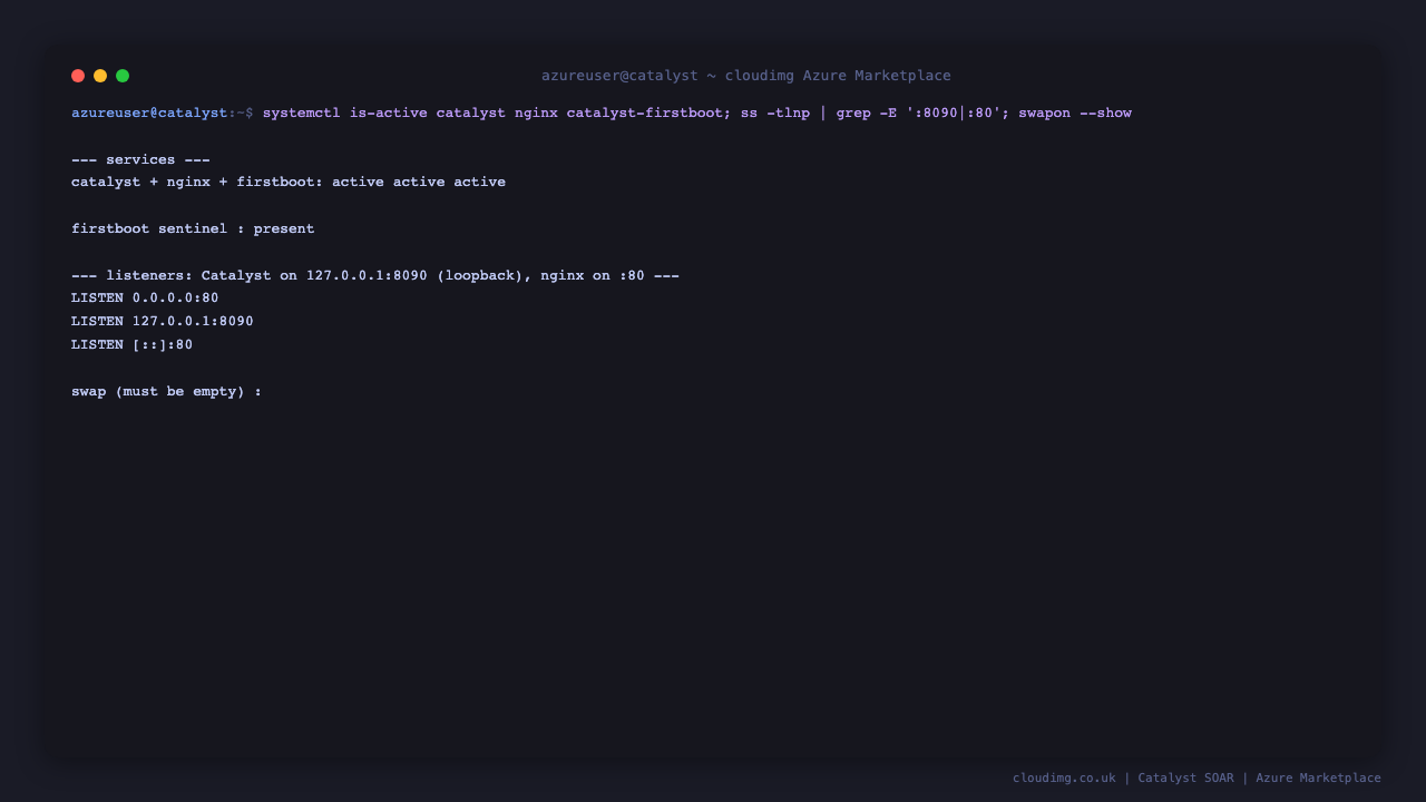 catalyst, nginx and firstboot services active; Catalyst on 127.0.0.1:8090 loopback and nginx on port 80; no swap on disk
