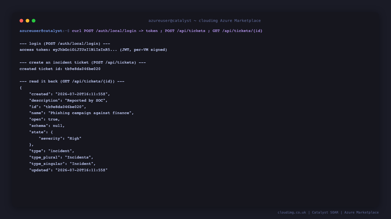 REST API round-trip: login returns a per-VM signed JWT, POST /api/tickets creates an incident, GET reads it back with severity High