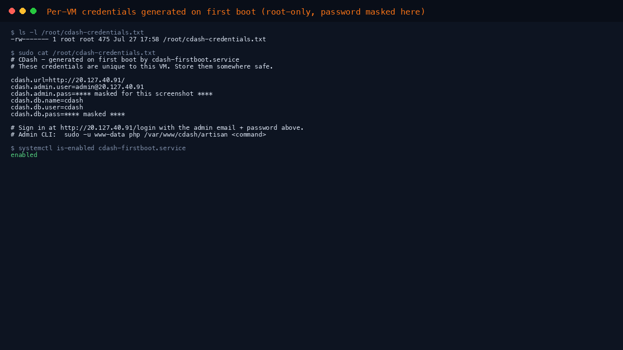 Per-VM credentials generated on first boot, in a root-only file