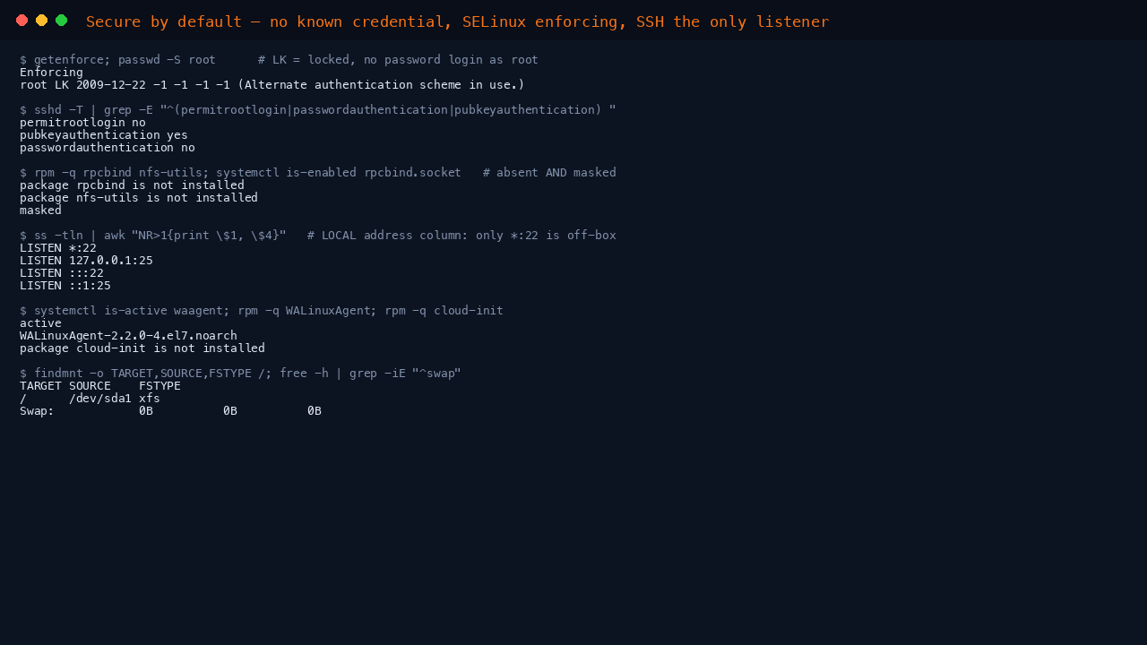 Terminal showing SELinux enforcing, the root account reported as LK meaning locked, the effective sshd policy with permitrootlogin no and passwordauthentication no, rpcbind reporting unknown because the package is not installed, and the Azure Linux Agent active with waagent pinned as the provisioning agent