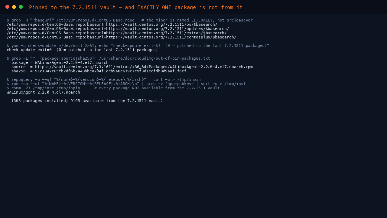 Terminal showing the CentOS-Base.repo baseurls pinned to vault.centos.org 7.2.1511, yum check-update exiting 0 meaning patched to the last packages published for this point release, the shipped cloudimg disclosure naming WALinuxAgent 2.2.0-4.el7.noarch with its CentOS 7.3.1611 source URL and sha256, and a live comparison of every installed package against the pinned repositories returning that single package and nothing else