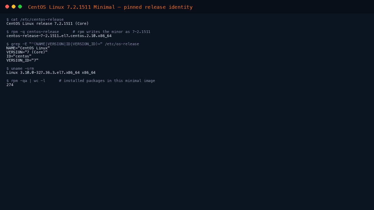 Terminal showing cat of etc centos-release reporting CentOS Linux release 7.2.1511 Core, the centos-release package as centos-release-7-2.1511, os-release fields ID centos and VERSION_ID 7, uname reporting the 3.10.0-327 el7 kernel on x86_64, and rpm reporting 274 installed packages