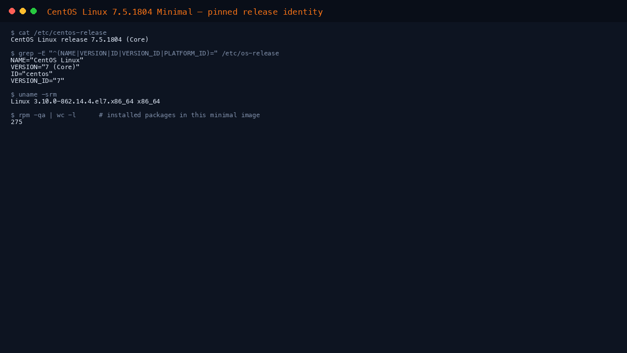 Terminal showing cat of etc centos-release reporting CentOS Linux release 7.5.1804 Core, os-release fields ID centos and VERSION_ID 7, uname reporting the 3.10.0-862 el7 kernel on x86_64, and rpm reporting 275 installed packages