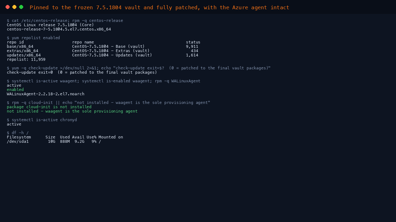 Terminal showing the CentOS 7.5.1804 release and centos-release package, yum repolist with base updates and extras repointed to the 7.5.1804 vault totalling 11,959 packages, yum check-update exiting 0 meaning patched to the final packages for this minor, and the Azure Linux Agent reporting active and enabled with cloud-init deliberately absent alongside chronyd