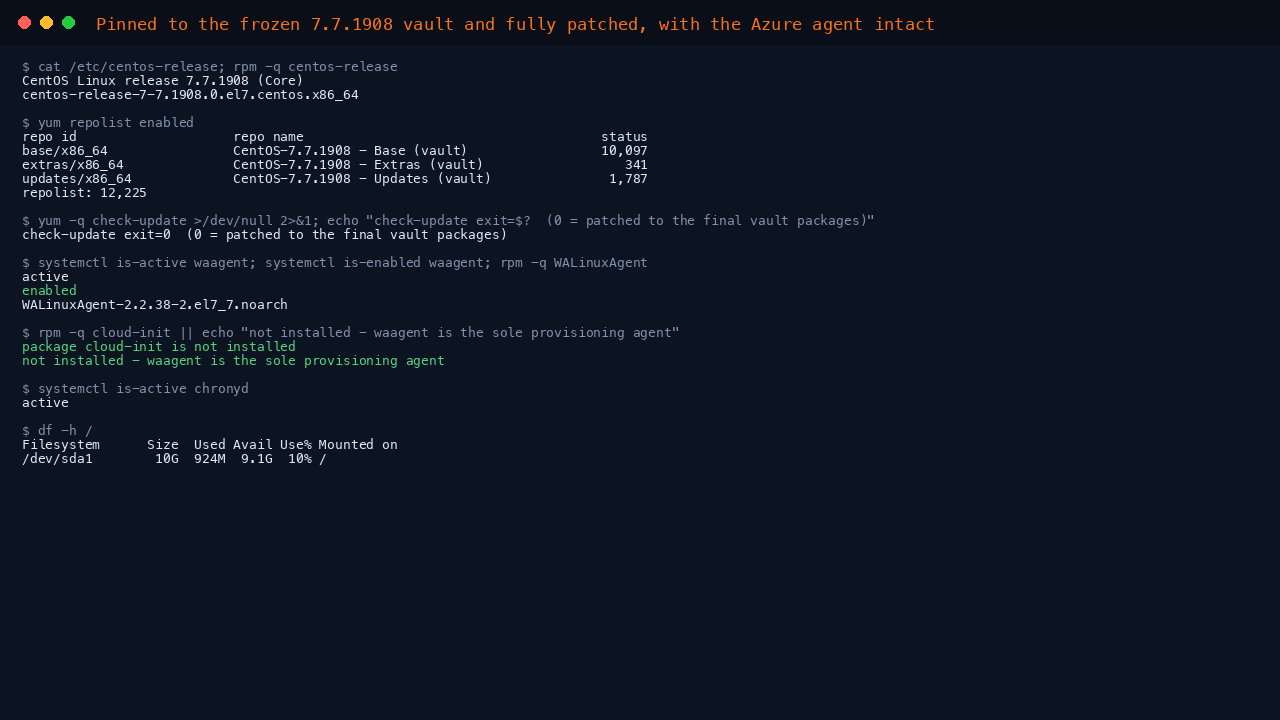 Terminal showing the CentOS 7.7.1908 release and centos-release package, yum repolist with base updates and extras repointed to the 7.7.1908 vault totalling 12,225 packages, yum check-update exiting 0 meaning patched to the final packages for this minor, and the Azure Linux Agent reporting active and enabled with cloud-init deliberately absent alongside chronyd