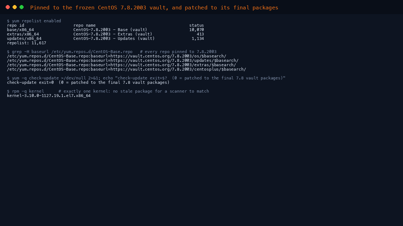 Terminal showing yum repolist with the base updates and extras repositories pinned to the CentOS 7.8.2003 vault totalling 11,617 packages, the CentOS-Base.repo baseurls at vault.centos.org 7.8.2003, yum check-update exiting 0 meaning patched to the final 7.8 vault packages, and exactly one installed kernel package