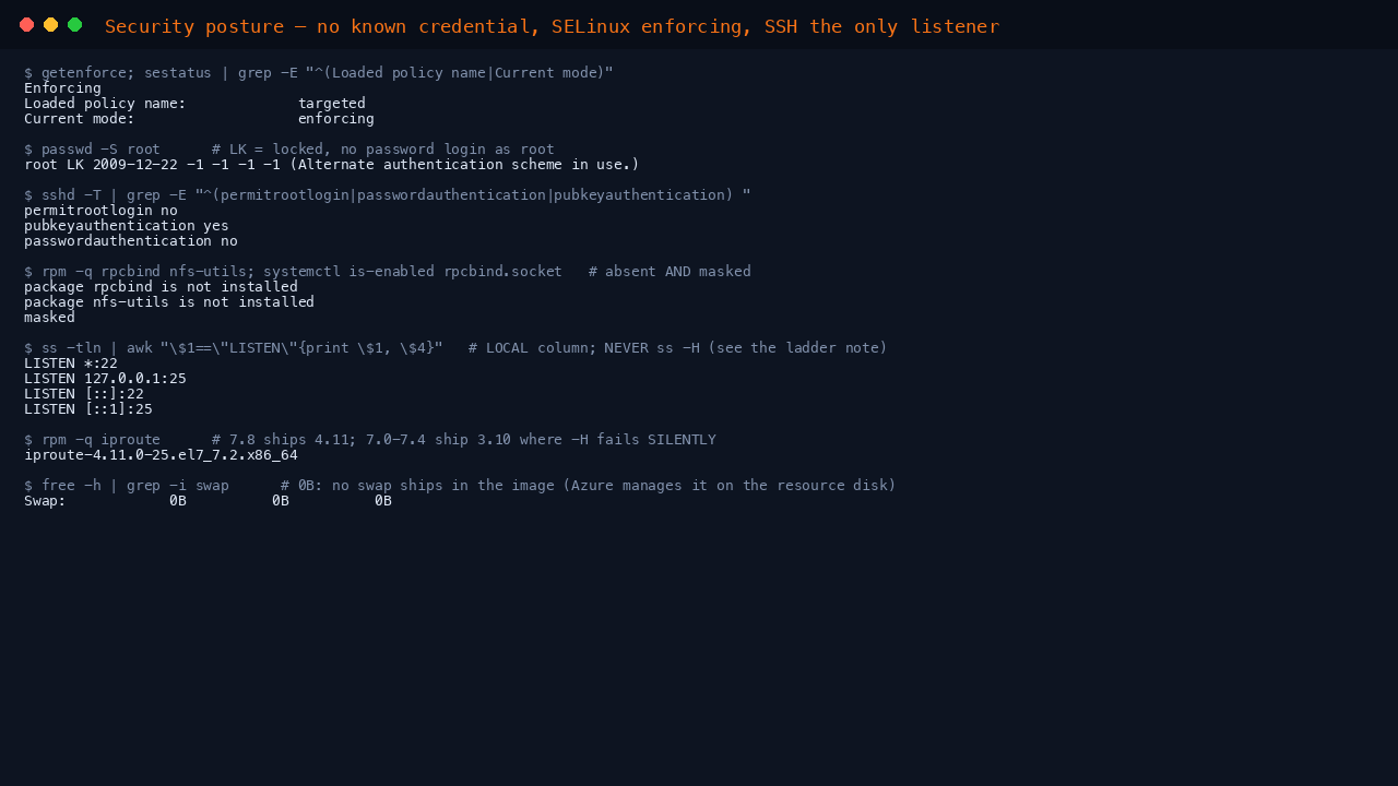 Terminal showing getenforce reporting Enforcing, passwd -S root reporting root as LK meaning locked, the effective sshd policy reporting permitrootlogin no passwordauthentication no and pubkeyauthentication yes, rpcbind neither installed nor enabled, only port 22 listening off box, and no swap in the image