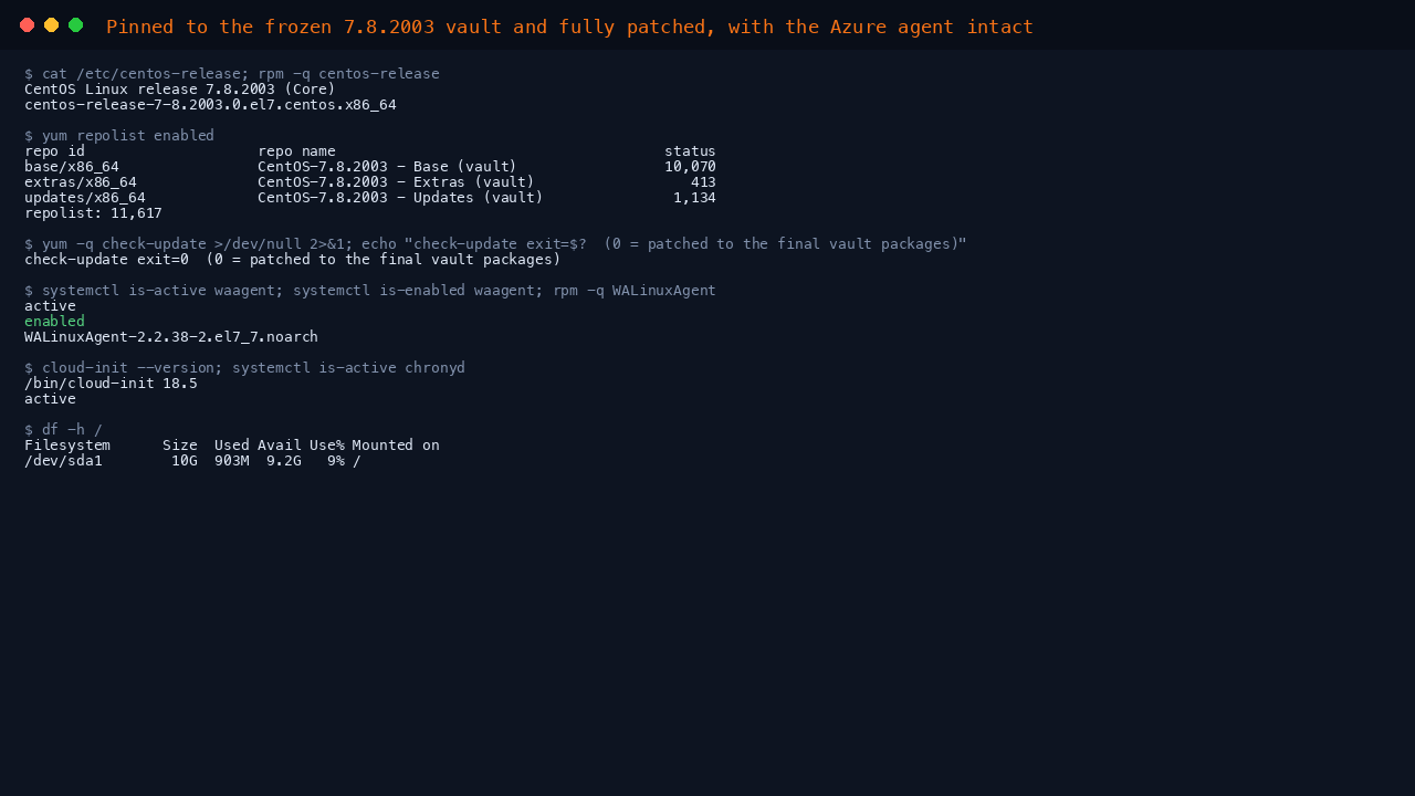 Terminal showing the CentOS 7.8.2003 release and centos-release package, yum repolist with base updates and extras repointed to the 7.8.2003 vault totalling 11,617 packages, yum check-update exiting 0 meaning patched to the final packages for this minor, and the Azure Linux Agent reporting active and enabled alongside cloud-init and chronyd