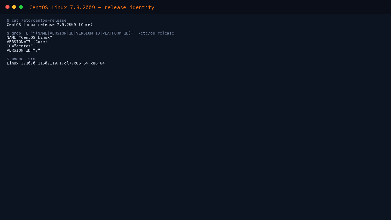 Terminal showing cat of etc centos-release reporting CentOS Linux release 7.9.2009 Core, os-release fields ID centos and VERSION_ID 7, and uname reporting the 3.10.0 el7 kernel on x86_64
