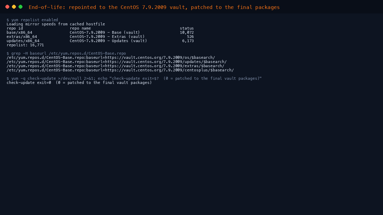 Terminal showing yum repolist with the base updates and extras repositories repointed to the CentOS 7.9.2009 vault, the CentOS-Base.repo baseurl at vault.centos.org, and yum check-update exiting 0 meaning patched to the final vault packages