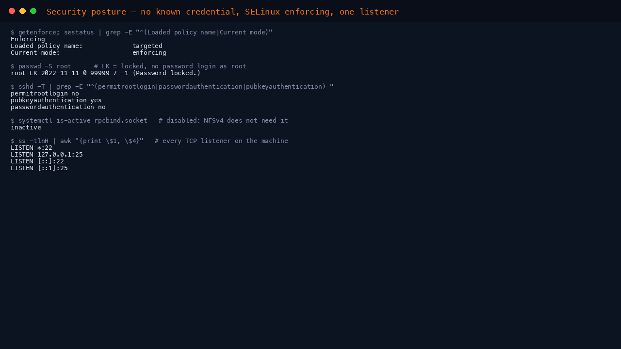 Terminal showing getenforce reporting Enforcing, passwd -S root reporting root as LK meaning locked, the effective sshd policy reporting permitrootlogin no passwordauthentication no and pubkeyauthentication yes, and rpcbind inactive